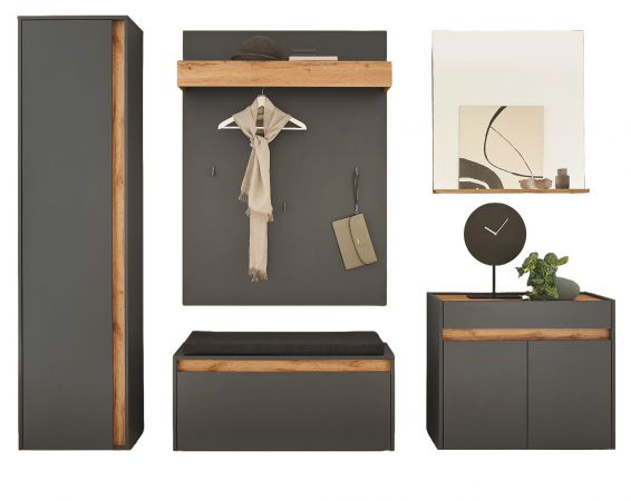 Garderobe Set 6-teilig Center in grau matt und Wotan Eiche Garderobenkombination 260 x 200 cm