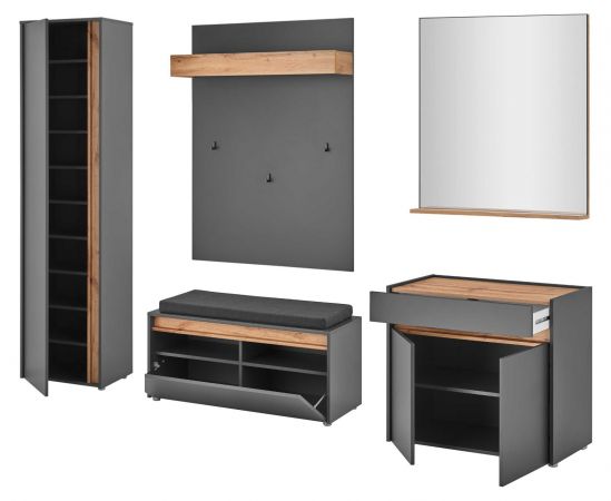 Garderobe Set 6-teilig Center in grau matt und Wotan Eiche Garderobenkombination 260 x 200 cm