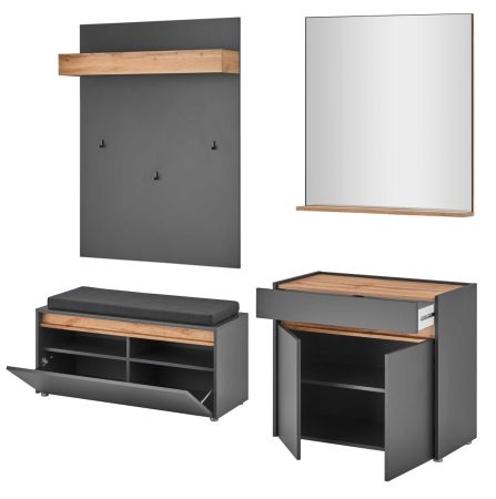 Garderobe Set 5-teilig Center in grau matt und Wotan Eiche Garderobenkombination 190 x 200 cm