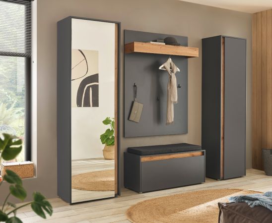 Garderobe Set 5-teilig Center in grau matt und Wotan Eiche Garderobenkombination 230 x 200 cm