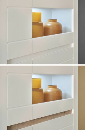 Vitrine Derby in wei� matt und Evoke Eiche Vitrinenschrank 85 x 198 cm, Soft-Close-Funktion