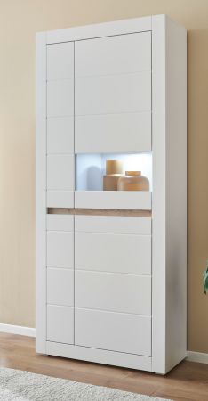 Vitrine Derby in wei� matt und Evoke Eiche Vitrinenschrank 85 x 198 cm, Soft-Close-Funktion