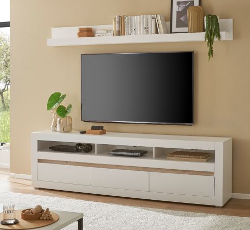 TV-Lowboard und Wandboard Derby in wei� matt und Evoke Eiche, Set 2-teilig 217 cm, Soft-Close-Funktion
