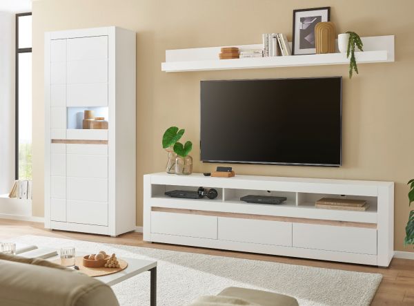 TV-Lowboard und Wandboard Derby in wei� matt und Evoke Eiche, Set 2-teilig 217 cm, Soft-Close-Funktion
