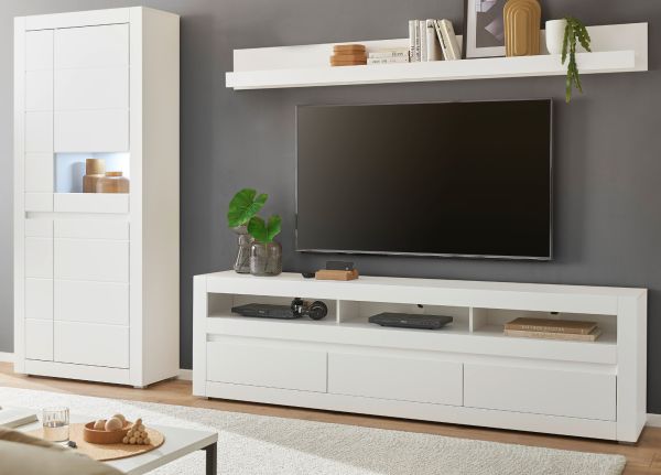 Wohnwand Derby in wei� matt und Evoke Eiche Wohnkombination 3-teilig, Soft-Close-Funktion