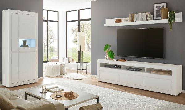 Wohnwand Derby in wei� matt und Evoke Eiche Wohnkombination 3-teilig, Soft-Close-Funktion