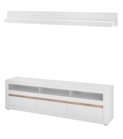 Wohnwand Derby in wei� matt und Evoke Eiche Wohnkombination 3-teilig, Soft-Close-Funktion