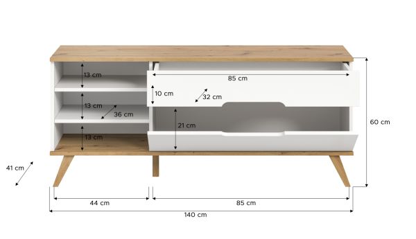 TV-Lowboard Hygge in wei� und Nox Eiche TV Unterteil skandinavisch 140 cm, Soft-Close
