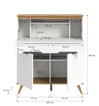 Sekret�r Hygge in wei� und Nox Eiche Schreibtisch skandinavisch 100 cm, Soft-Close