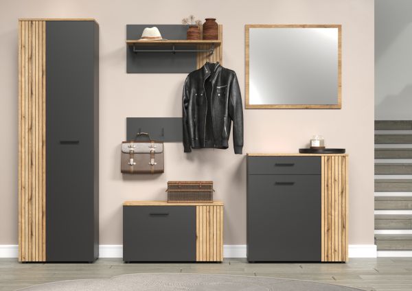Garderobe Sitzbank Avila in grau und Evoke Eiche Garderobenbank und Schuhschrank 80 cm