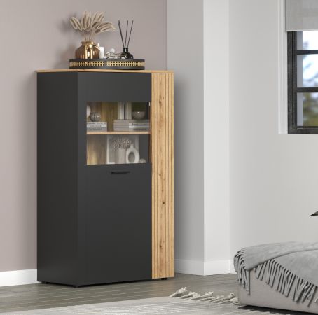 Highboard Avila in grau und Evoke Eiche Vitrine 90 x 146 cm
