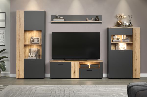 Highboard Avila in grau und Evoke Eiche Vitrine 90 x 146 cm