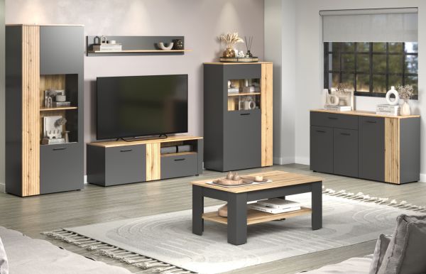 Highboard Avila in grau und Evoke Eiche Vitrine 90 x 146 cm