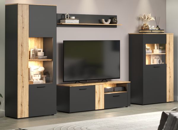 Wohnwand Avila in grau und Evoke Eiche Schrankwand 4-teilig 340 cm