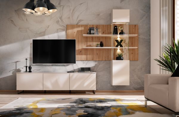 Wohnwand Laelia in Sand matt und Artisan Eiche 280 cm Schrankwand inklusive LED Beleuchtung, Push-to-Open