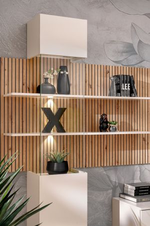 Wohnwand Laelia in Sand matt und Artisan Eiche 280 cm Schrankwand inklusive LED Beleuchtung, Push-to-Open