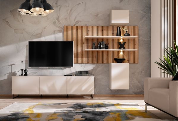Wohnwand Laelia in Sand matt und Artisan Eiche 280 cm Schrankwand inklusive LED Beleuchtung, Push-to-Open