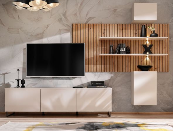 Wohnwand Laelia in Sand matt und Artisan Eiche 280 cm Schrankwand inklusive LED Beleuchtung, Push-to-Open