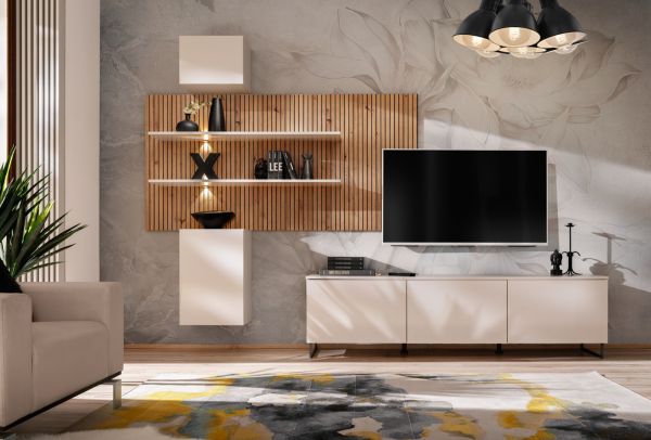 Wohnwand Laelia in Sand matt und Artisan Eiche 280 cm Schrankwand inklusive LED Beleuchtung, Push-to-Open
