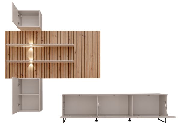 Wohnwand Laelia in Sand matt und Artisan Eiche 280 cm Schrankwand inklusive LED Beleuchtung, Push-to-Open