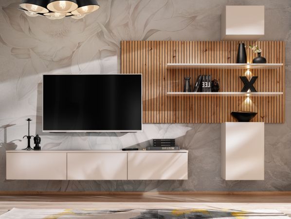 Wohnwand Laelia in Sand matt und Artisan Eiche 280 cm Schrankwand inklusive LED Beleuchtung, Push-to-Open