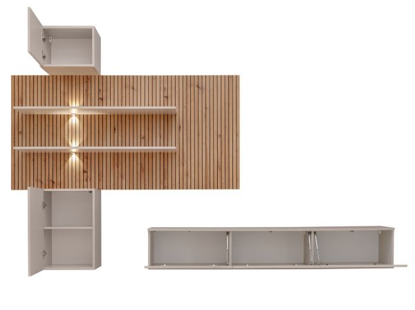 Wohnwand Laelia in Sand matt und Artisan Eiche 280 cm Schrankwand inklusive LED Beleuchtung, Push-to-Open