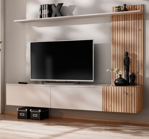 Wohnwand Madina Kaschmir / Sand und Eiche Leistenoptik, Schrankwand h�ngend 180 cm mit Push-to-Open