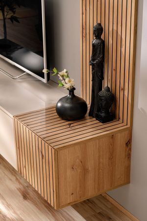Wohnwand Madina Kaschmir / Sand und Eiche Leistenoptik, Schrankwand h�ngend 180 cm mit Push-to-Open