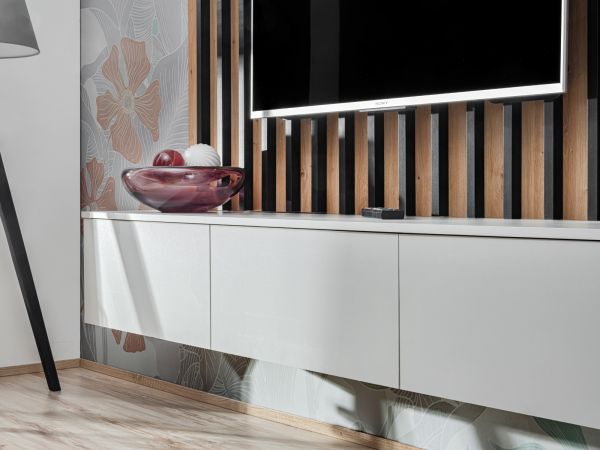 Wohnwand Pearl in grau und Artisan Eiche Schrankwand 220 cm inklusive LED Beleuchtung, Push-to-Open