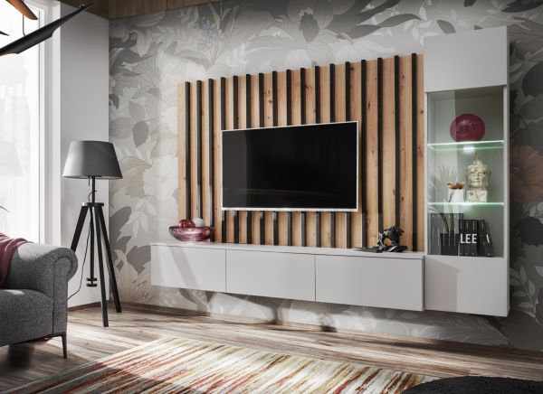Wohnwand Pearl in grau und Artisan Eiche Schrankwand 220 cm inklusive LED Beleuchtung, Push-to-Open