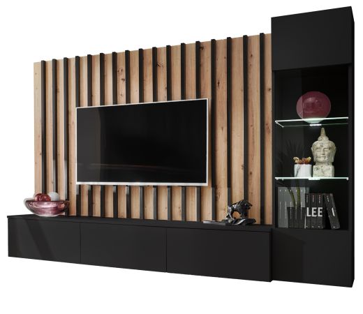 Wohnwand Pearl in schwarz und Artisan Eiche Schrankwand 220 cm inklusive LED Beleuchtung, Push-to-Open