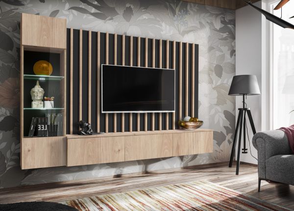Wohnwand Pearl in Jackson Eiche und schwarz Schrankwand 220 cm inklusive LED Beleuchtung, Push-to-Open