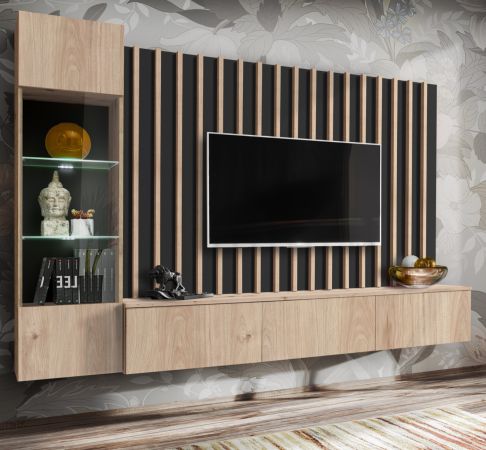 Wohnwand Pearl in Jackson Eiche und schwarz Schrankwand 220 cm inklusive LED Beleuchtung, Push-to-Open