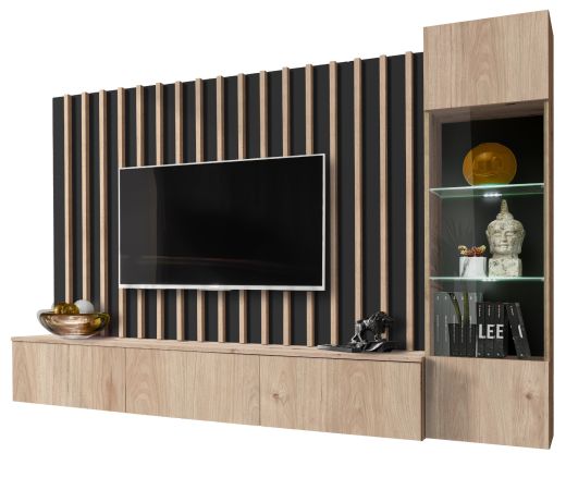 Wohnwand Pearl in Jackson Eiche und schwarz Schrankwand 220 cm inklusive LED Beleuchtung, Push-to-Open