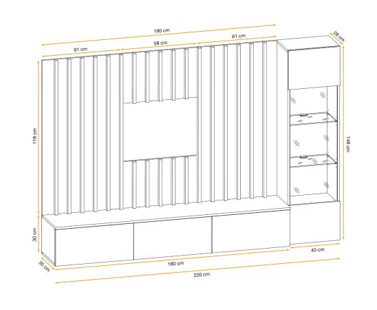 Wohnwand Pearl in Jackson Eiche und schwarz Schrankwand 220 cm inklusive LED Beleuchtung, Push-to-Open
