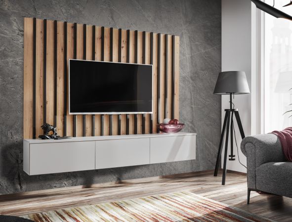 TV-Lowboard Set Pearl in grau und Artisan Eiche TV Unterteil mit Akustikpaneele 180 cm, Push-to-Open