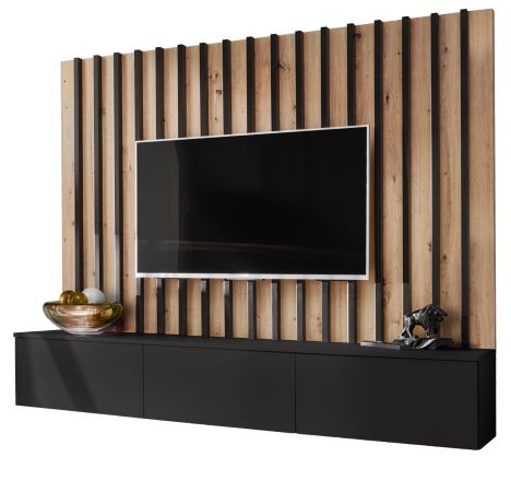 TV-Lowboard Set Pearl in schwarz und Artisan Eiche TV Unterteil mit Akustikpaneele 180 cm, Push-to-Open