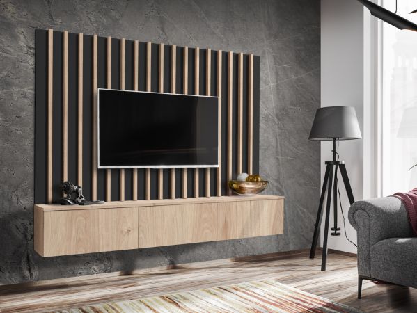 TV-Lowboard Set Pearl in Jackson Eiche und schwarz TV Unterteil mit Akustikpaneele 180 cm, Push-to-Open