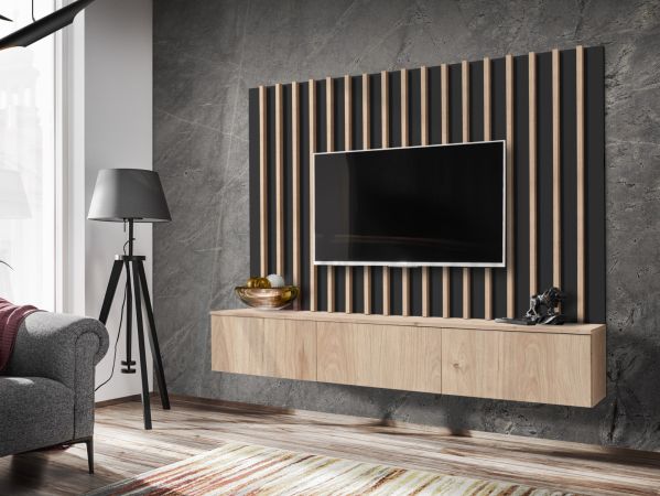 TV-Lowboard Set Pearl in Jackson Eiche und schwarz TV Unterteil mit Akustikpaneele 180 cm, Push-to-Open