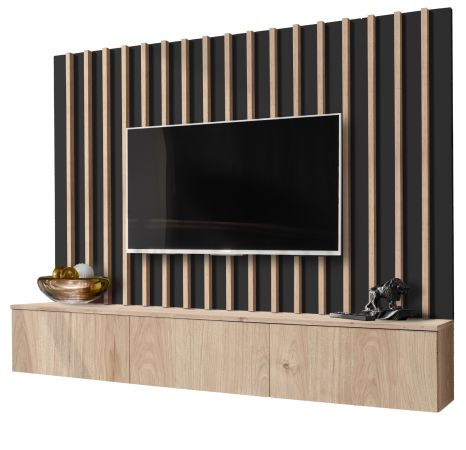 TV-Lowboard Set Pearl in Jackson Eiche und schwarz TV Unterteil mit Akustikpaneele 180 cm, Push-to-Open