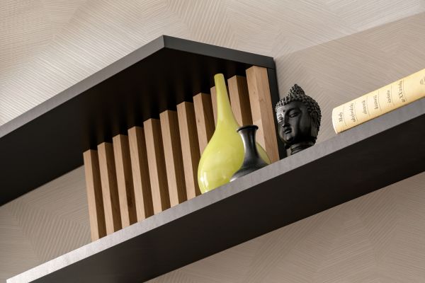 Wohnwand Morgan in schwarz und Jackson Eiche Schrankwand mit 3D-Lamellen inkl. LED