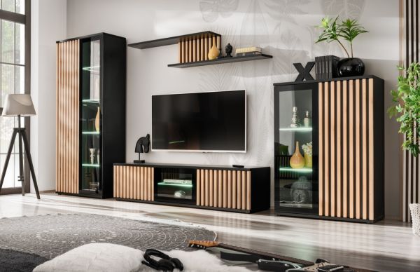 Wohnwand Morgan in schwarz und Jackson Eiche Schrankwand mit 3D-Lamellen inkl. LED