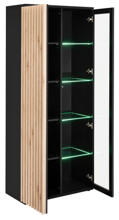 Vitrine Morgan in schwarz und Jackson Eiche Vitrinenschrank mit 3D-Lamellen inkl. LED