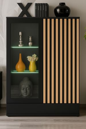 Vitrine Morgan in schwarz und Jackson Eiche Highboard mit 3D-Lamellen inkl. LED