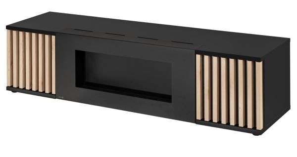 TV-Lowboard Morgan in schwarz und Jackson Eiche TV Unterteil mit Bio Ethanol Kamin 163 cm
