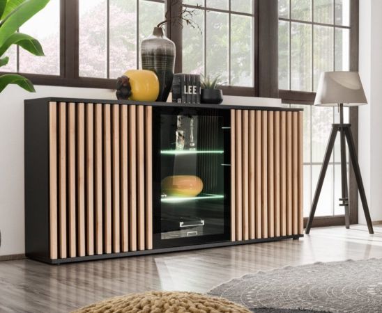 Sideboard Morgan in schwarz und Jackson Eiche Kommode mit 3D-Lamellen inkl. LED