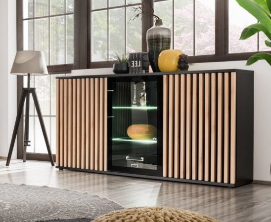 Sideboard Morgan in schwarz und Jackson Eiche Kommode mit 3D-Lamellen inkl. LED