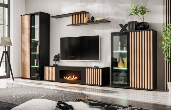 Sideboard Morgan in schwarz und Jackson Eiche Kommode mit 3D-Lamellen inkl. LED