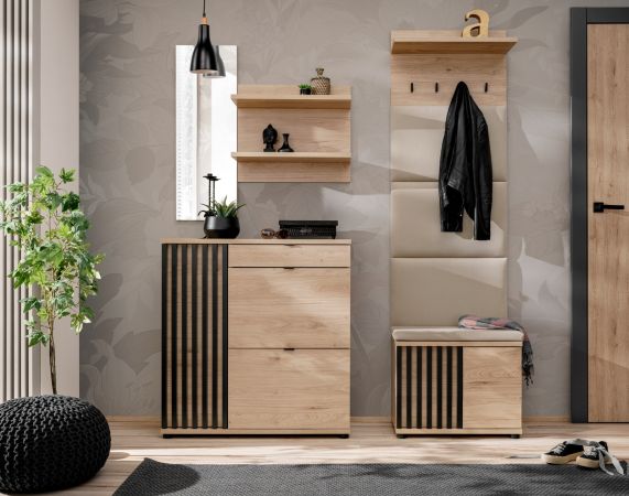 Garderobe Set 4-teilig Collin in Jackson Eiche und schwarz Garderobenkombination mit 3-D Lamellen