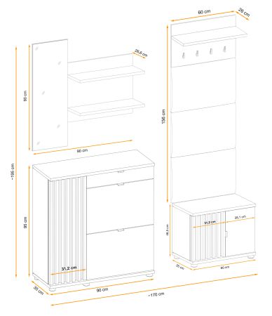 Garderobe Set 4-teilig Collin in Jackson Eiche und schwarz Garderobenkombination mit 3-D Lamellen
